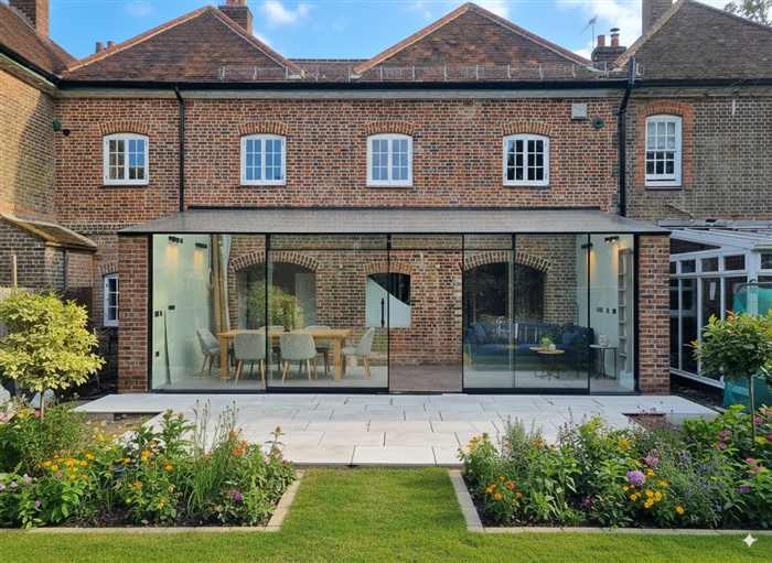 Clear glass structure linking two cottages with Fineline frameless sliding doors opening onto a garden