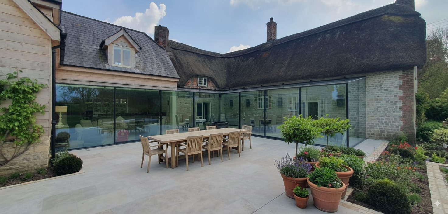 Structural glass extension connecting a traditional thatched home with a contemporary timber addition